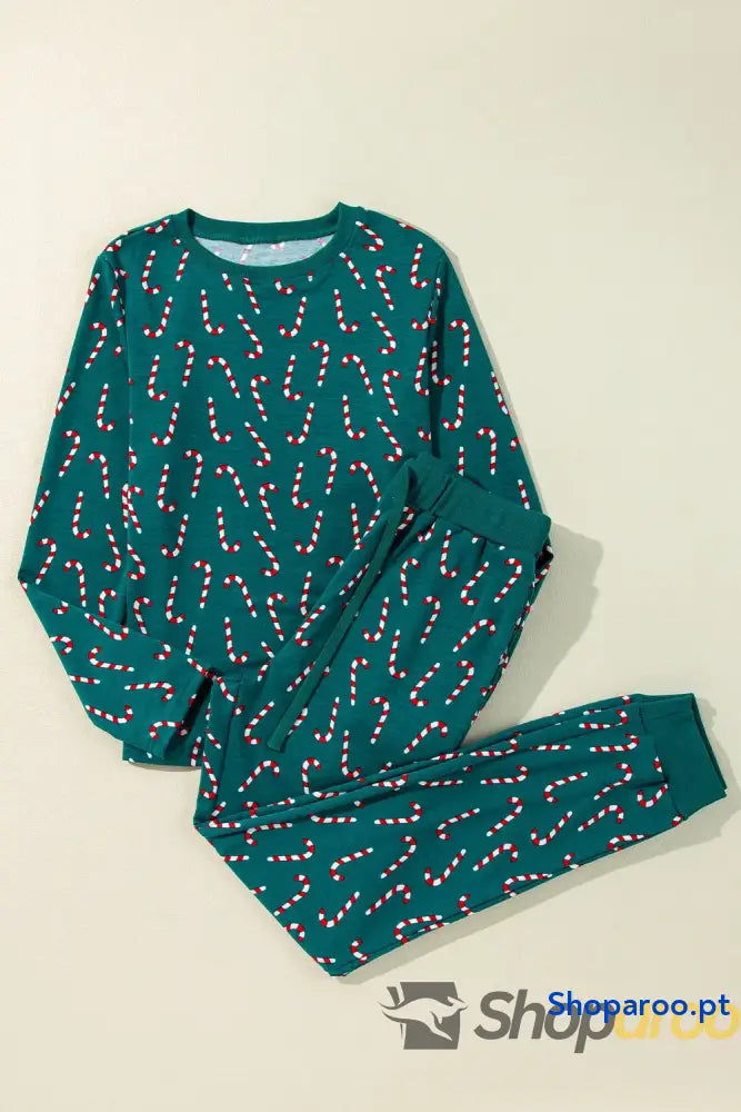 Candy Cane Print Round Neck Top and Pants Lounge Set