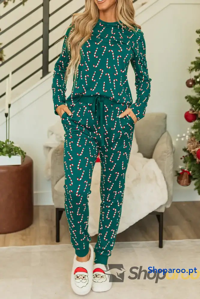 Candy Cane Print Round Neck Top and Pants Lounge Set