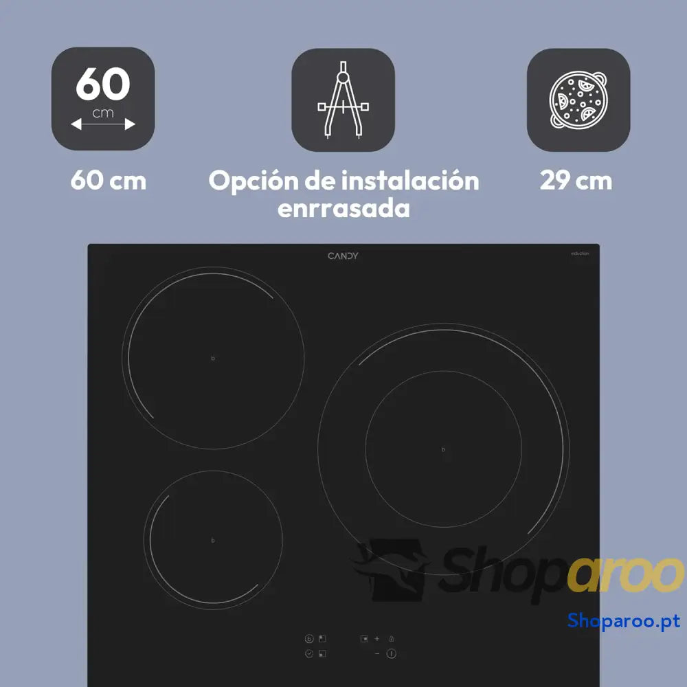 Candy CI633C/E14U placa de indução 3 zonas 60 cm 9 níveis potência e booster 7,2 KW comandos centrais indicador calor