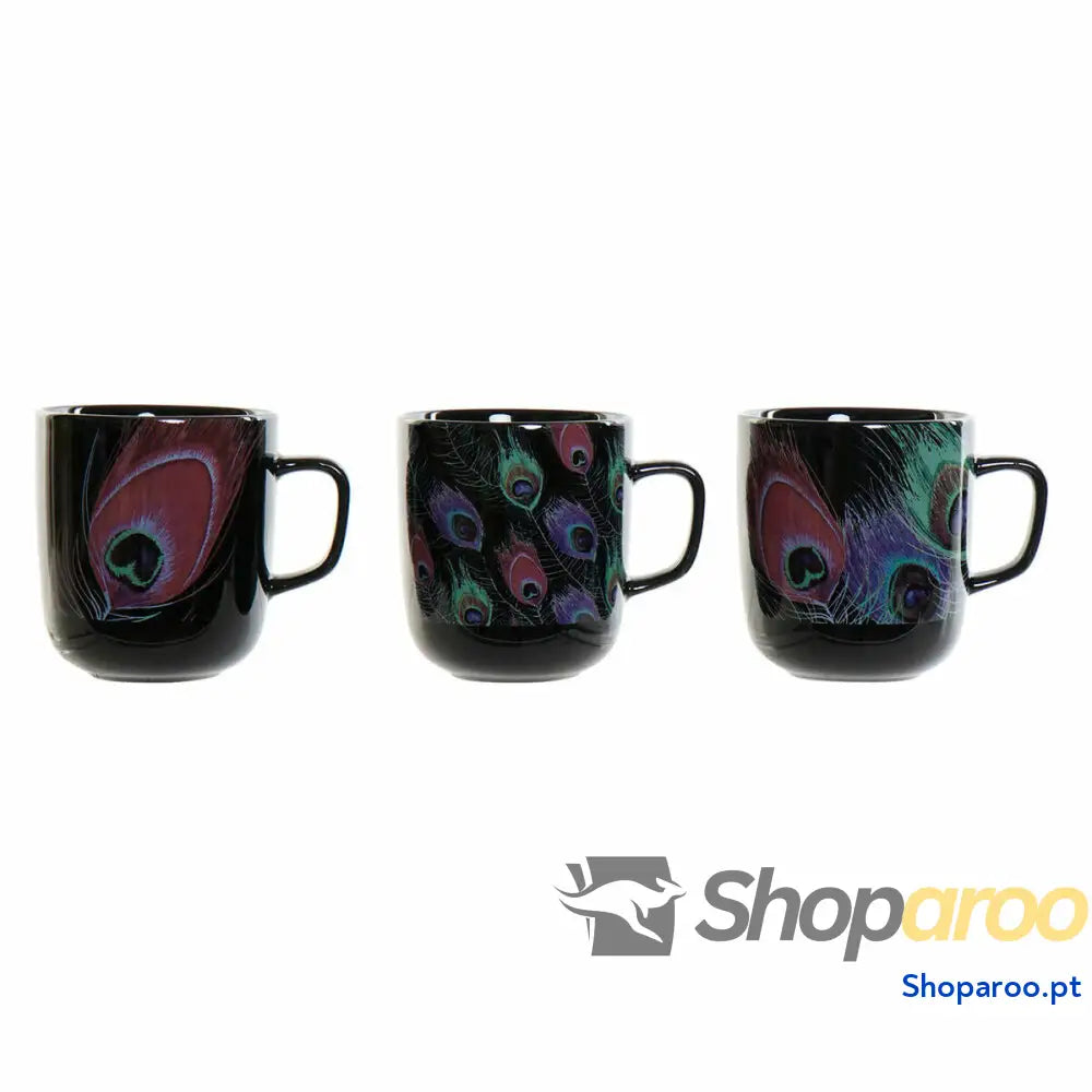 Caneca DKD Home Decor Porcelana Preto Cor de Rosa (11.5 x 8.5 10 cm) (3 pcs) (380 ml)
