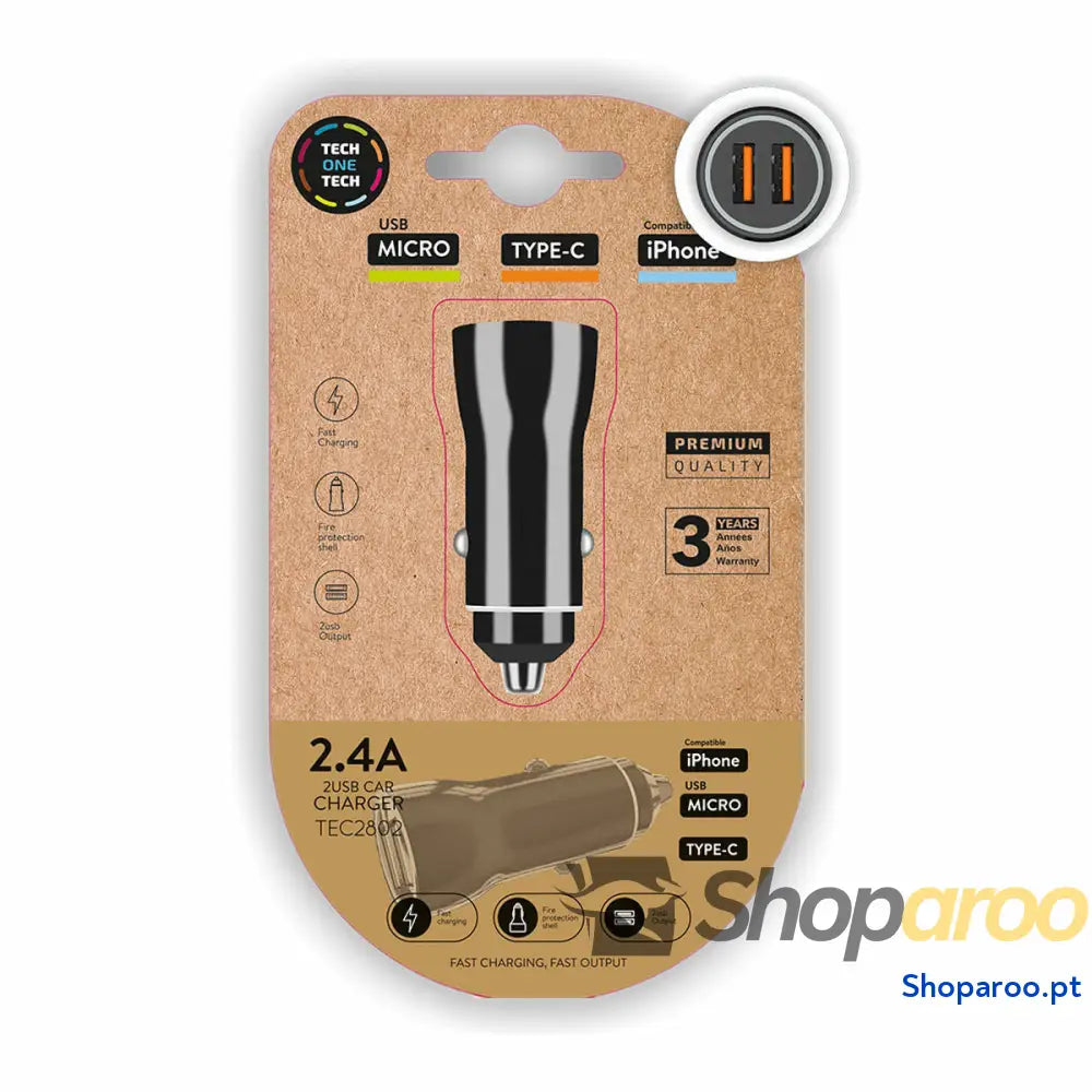 Carregador de Carro Tech One TEC2802 Duplo USB C Micro
