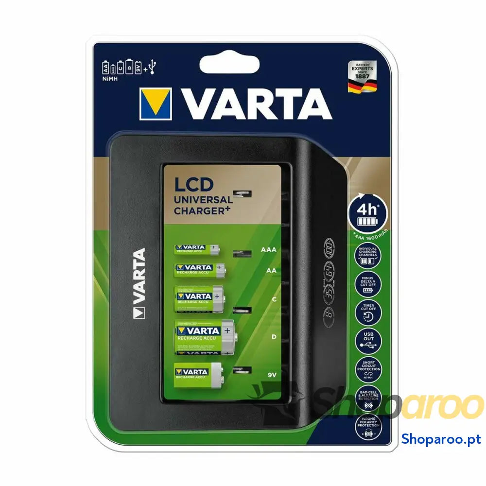 Carregador de pilhas Varta LCD Universal Charger+ Tipo C Tipo D 1600 mAh 100-240 V