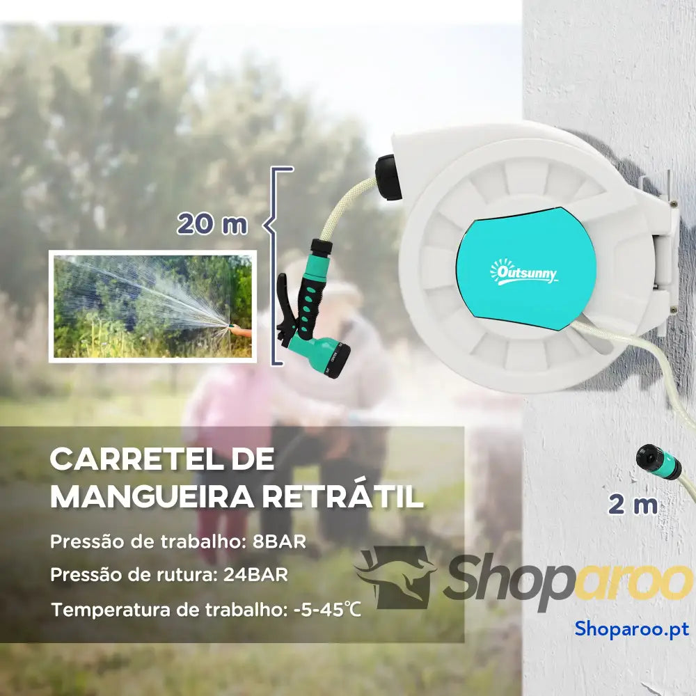 Carretel de Mangueira para Jardim 20 + 2 m com 7 Bocais Função Bloqueio Retorno Automático e Giro 180° Cinza Claro