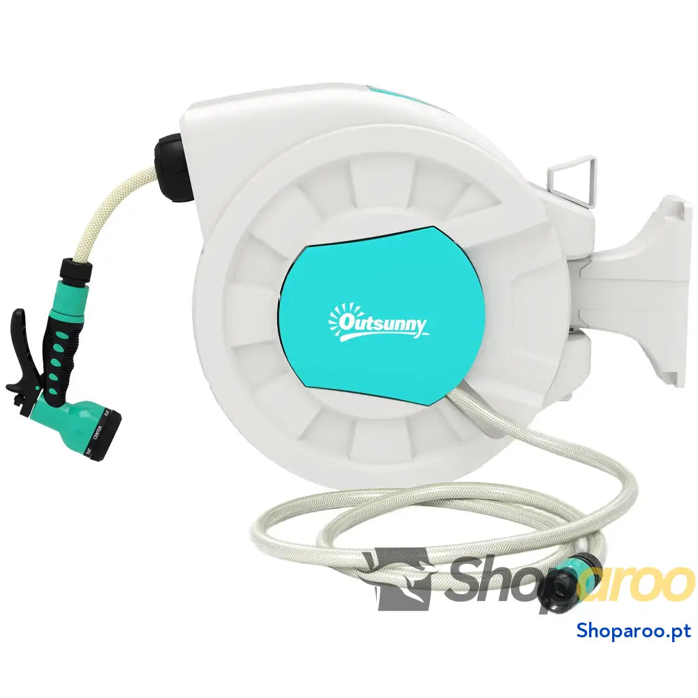 Carretel de Mangueira para Jardim 20 + 2 m com 7 Bocais Função Bloqueio Retorno Automático e Giro 180° Cinza Claro