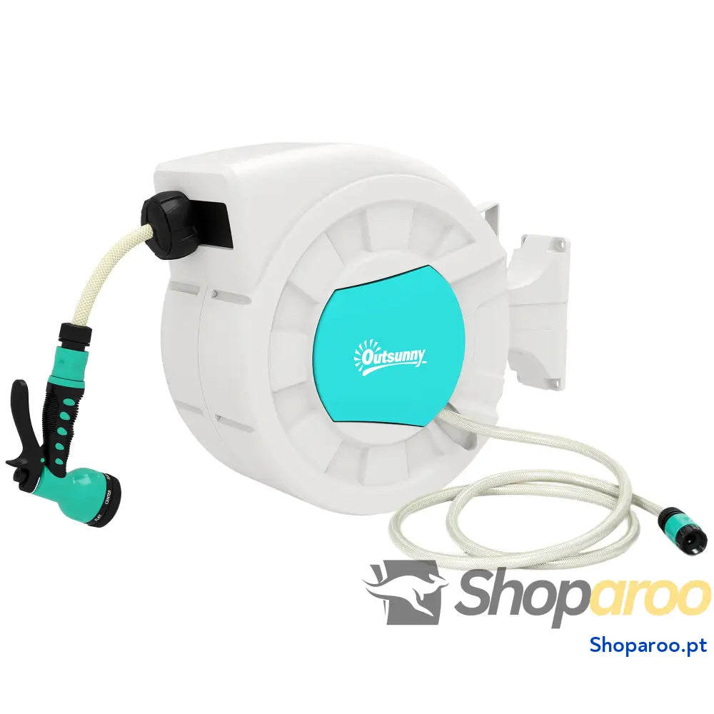 Carretel de Mangueira para Jardim 20 + 2 m com 7 Bocais Função Bloqueio Retorno Automático e Giro 180° Cinza Claro