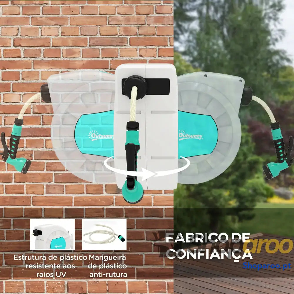 Carretel de Mangueira para Jardim 20 + 2 m com 7 Bocais Função Bloqueio Retorno Automático e Giro 180° Cinza Claro