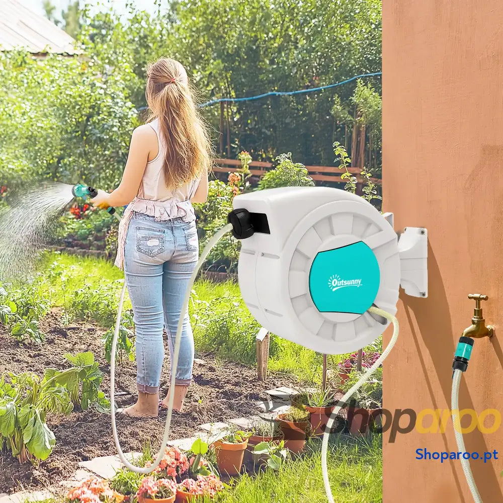 Carretel de Mangueira para Jardim 20+2 m com 7 Bocais Função de Bloqueio Retorno Automático e Giro de 180° Cinza Claro