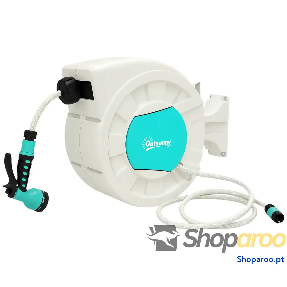 Carretel de Mangueira para Jardim 20 + 2 m com 7 Bocais Função Bloqueio Retorno Automático e Giro 180° Cinza Claro