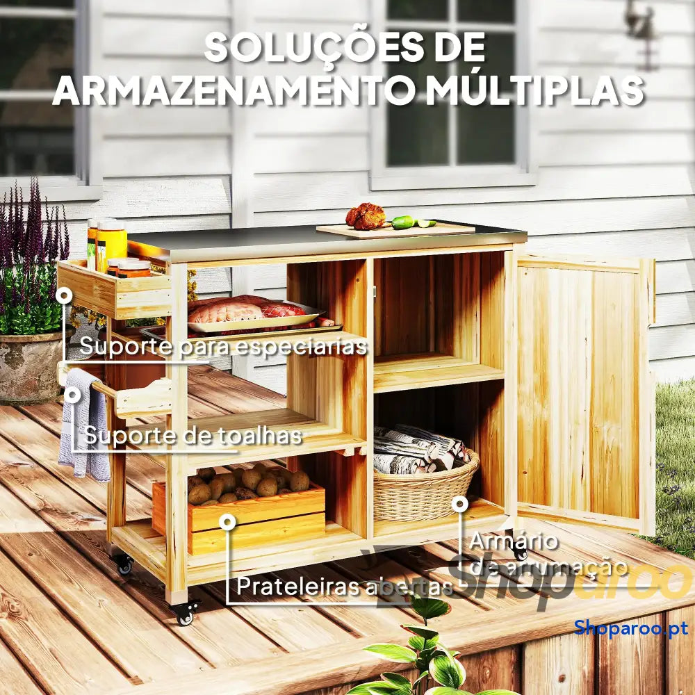 Carrinho de Barbecue Madeira Serviço com Prateleiras Armário Bancada Aço Inoxidável 134,5x50x91,5 cm
