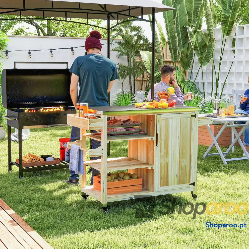Carrinho de Barbecue Madeira Serviço com Prateleiras Armário Bancada Aço Inoxidável 134,5x50x91,5 cm