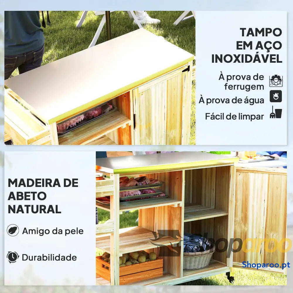 Carrinho de Barbecue Madeira Serviço com Prateleiras Armário Bancada Aço Inoxidável 134,5x50x91,5 cm
