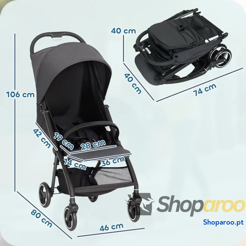 Carrinho de Bebé Dobrável com Encosto Reclinável Apoio para os Pés Ajustável Capota Cesto e Arnês Carga 15 kg Cinza