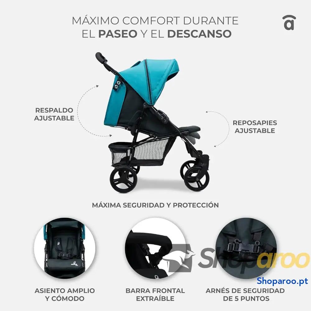 Carrinho de Bebé ultra leve reclinável capapta SPF50 arnês 5 pontos 6 meses a 17 kg cor petróleo