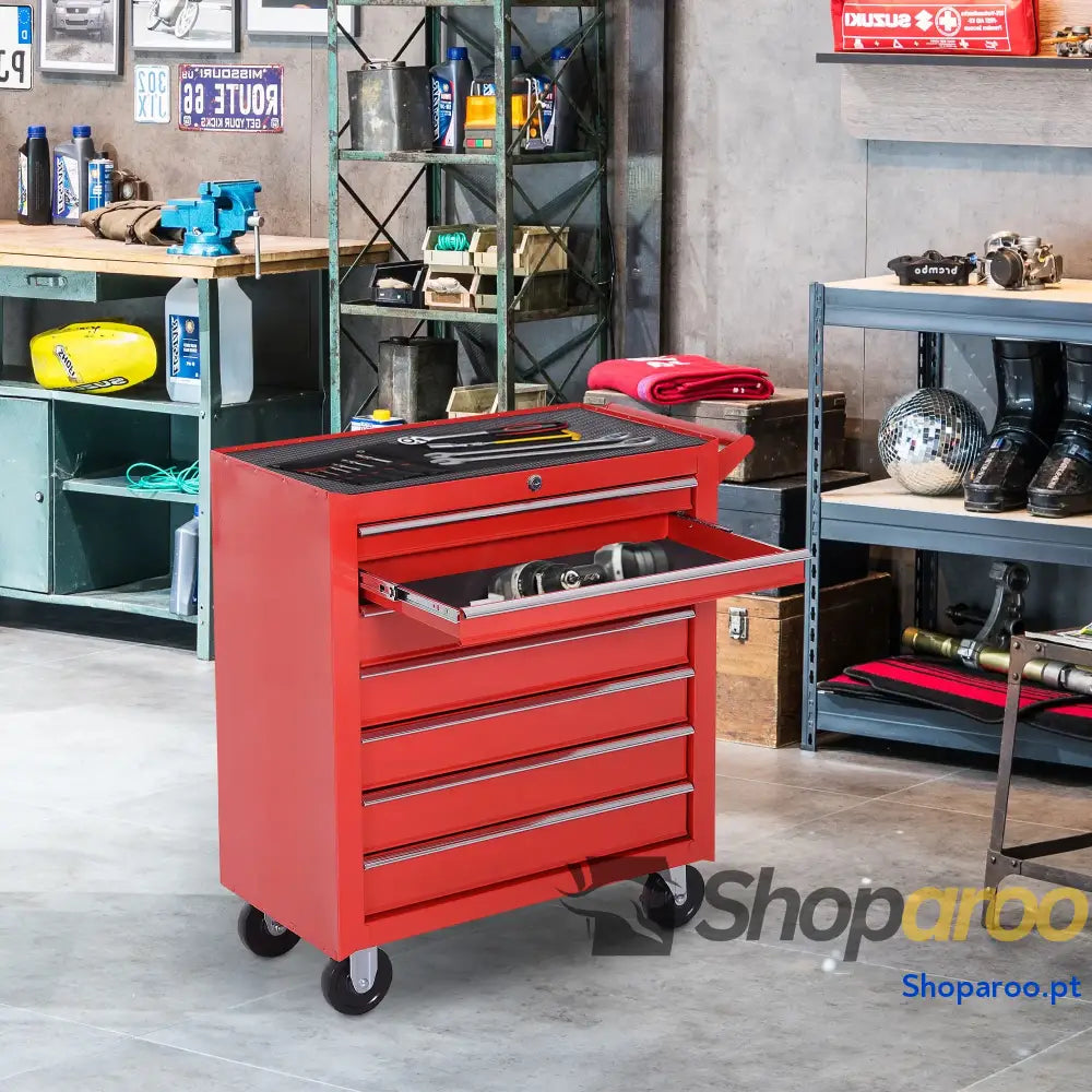 Carrinho de Ferramentas com 7 Gavetas Rodas Trava Armário de Armazenamento para Oficina de Garagem e Chapa de Aço 69x33x75 cm Vermelho