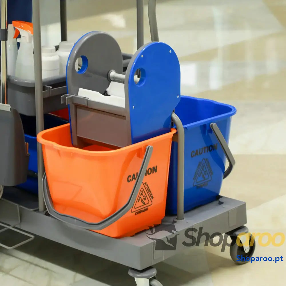 Carro de Limpeza Professional com Escorredor Alavanca e 2 Baldes 18L 111x63,3x103cm Cinza Azul Laranja
