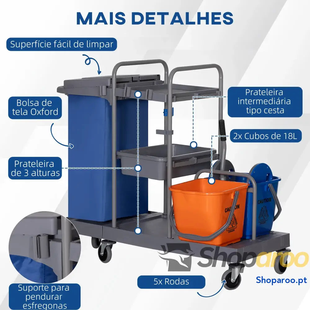 Carro de Limpeza Professional com Escorredor Alavanca e 2 Baldes 18L 111x63,3x103cm Cinza Azul Laranja