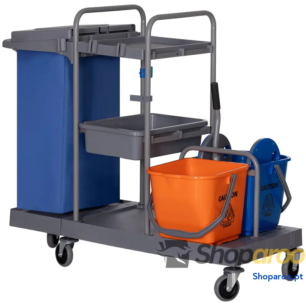 Carro de Limpeza Professional com Escorredor Alavanca e 2 Baldes 18L 111x63,3x103cm Cinza Azul Laranja