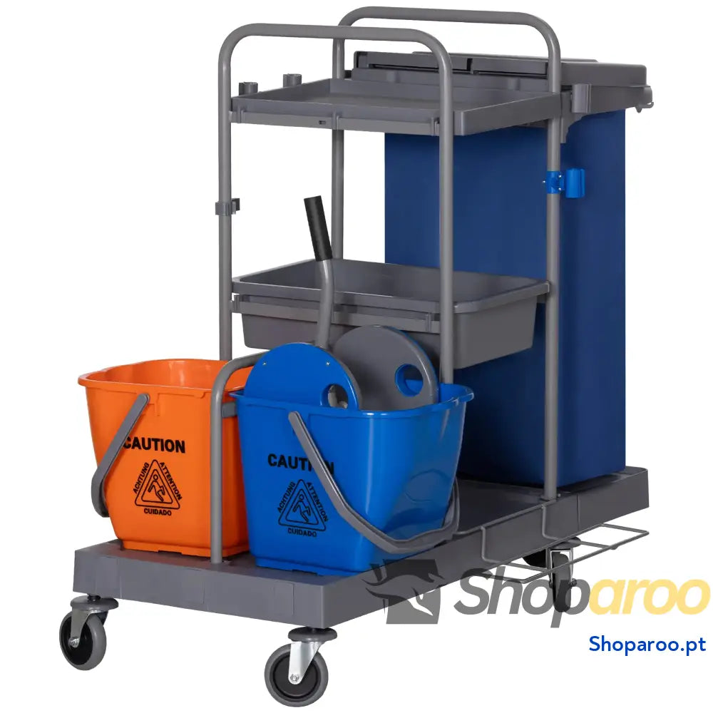 Carro de Limpeza Professional com Escorredor Alavanca e 2 Baldes 18L 111x63,3x103cm Cinza Azul Laranja