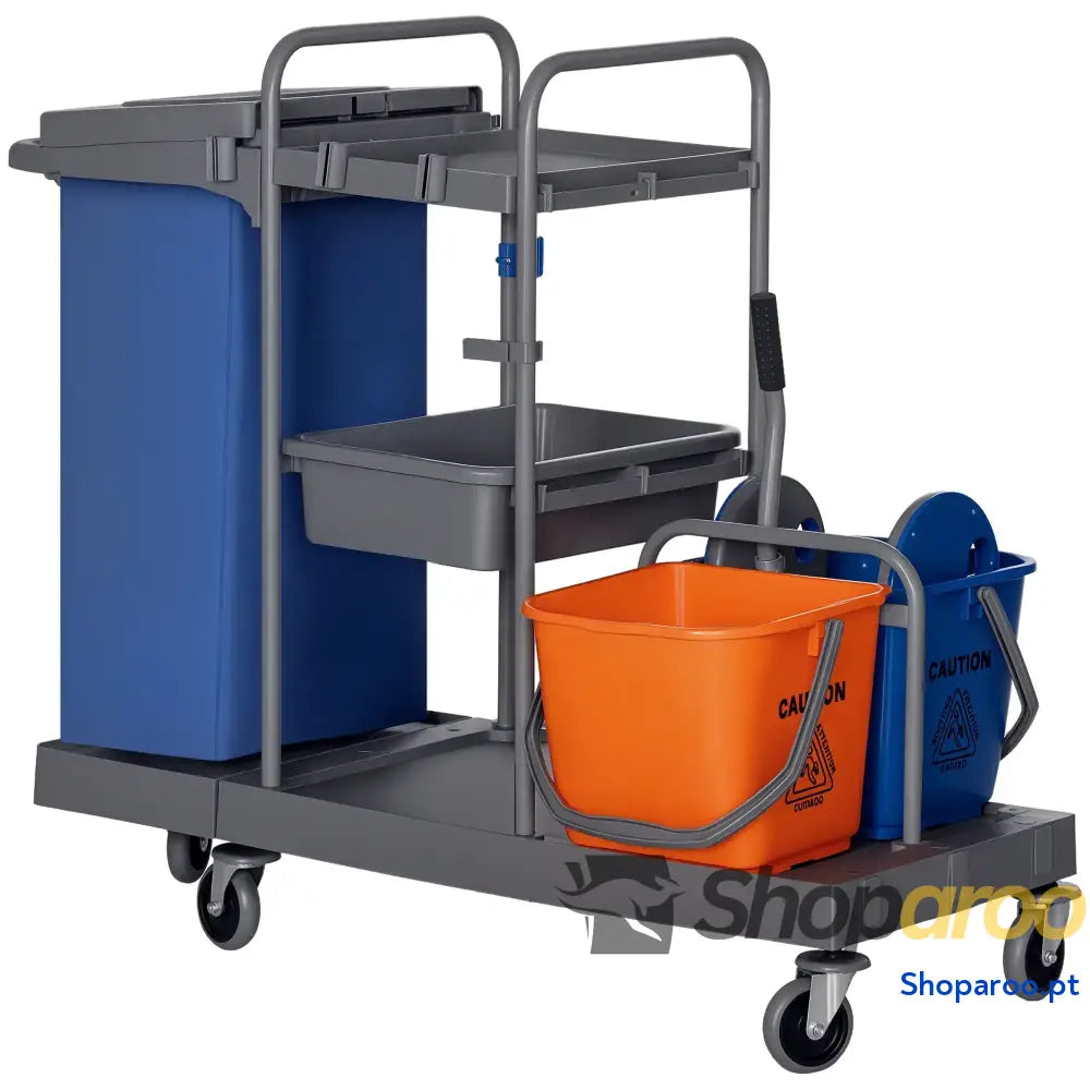 Carro de Limpeza Professional com Escorredor Alavanca e 2 Baldes 18L 111x63,3x103cm Cinza Azul Laranja