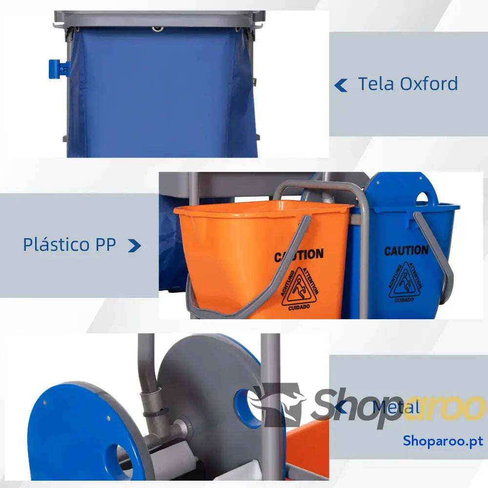 Carro de Limpeza Professional com Escorredor Alavanca e 2 Baldes 18L 111x63,3x103cm Cinza Azul Laranja