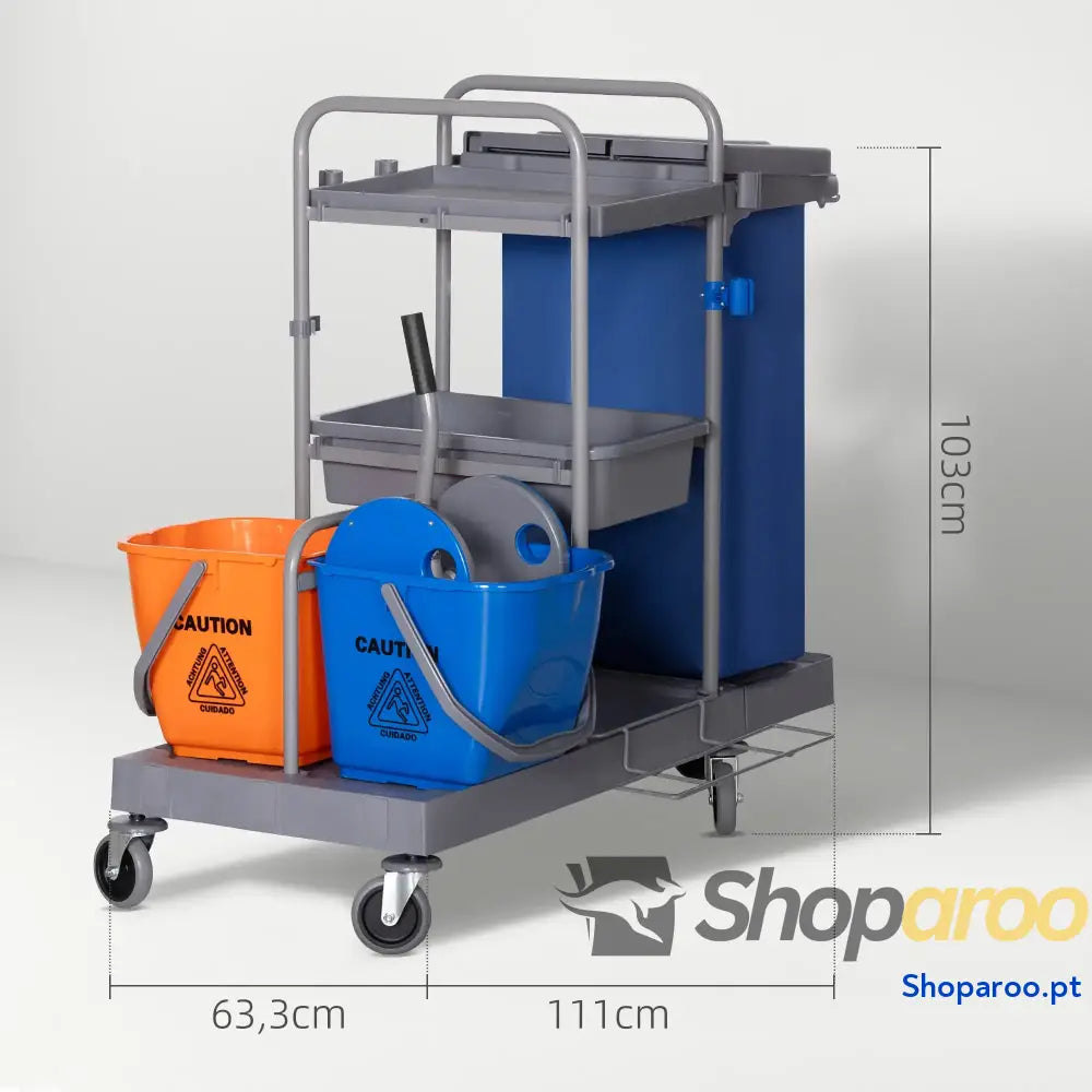 Carro de Limpeza Professional com Escorredor Alavanca e 2 Baldes 18L 111x63,3x103cm Cinza Azul Laranja