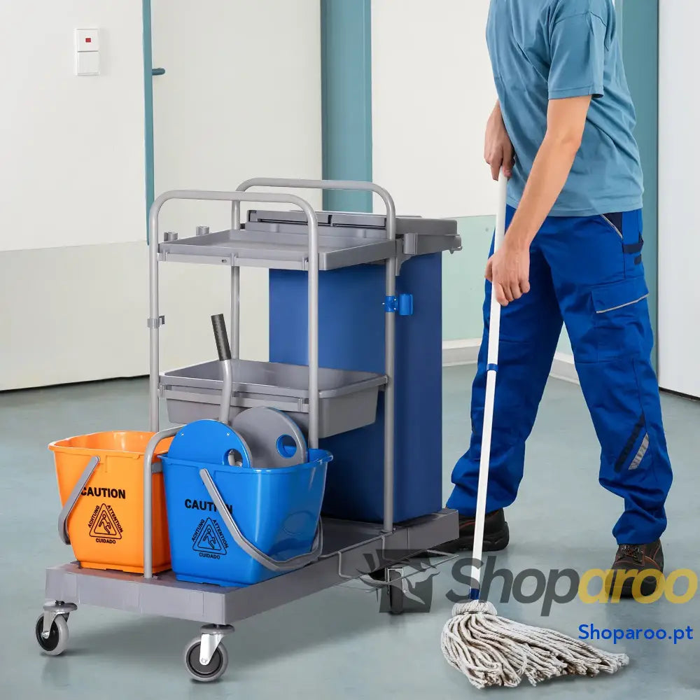 Carro de Limpeza Professional com Escorredor Alavanca e 2 Baldes 18L 111x63,3x103cm Cinza Azul Laranja