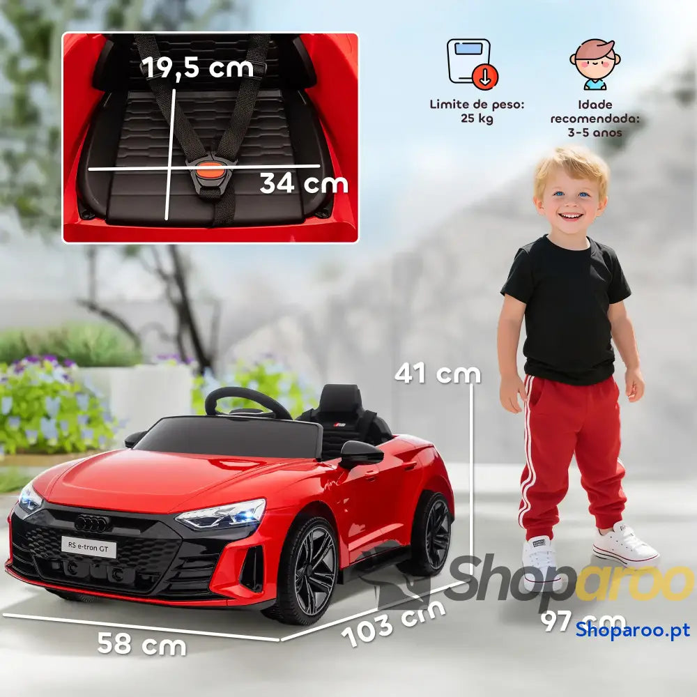 Carro Elétrico AUDI RS E Tron GT 12V com 2 Motores Controlo Remoto Faróis LED Buzina Música USB 3 5km/h 103x58x41 cm