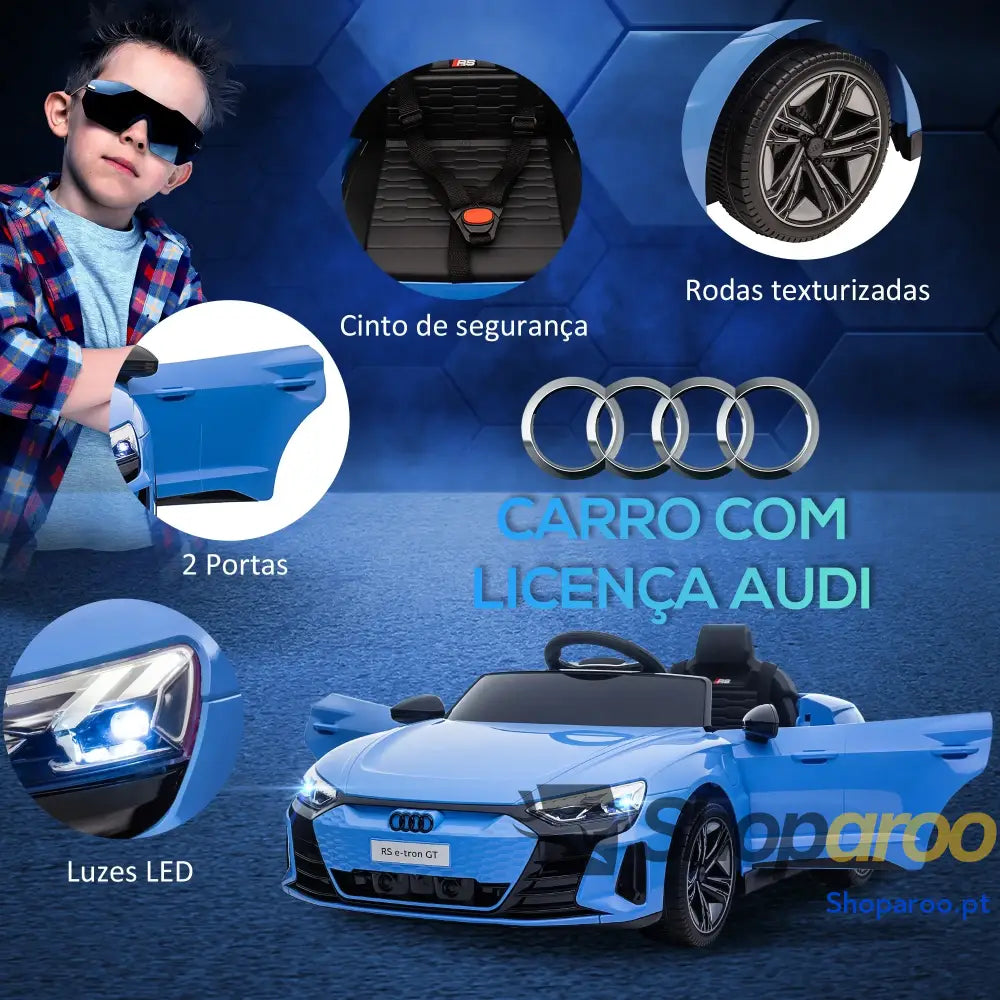 Carro Elétrico AUDI RS E-Tron GT 12V com 2 Motores Controlo Remoto Faróis LED Buzina Música USB 3-5km/h 103x58x41cm Azul