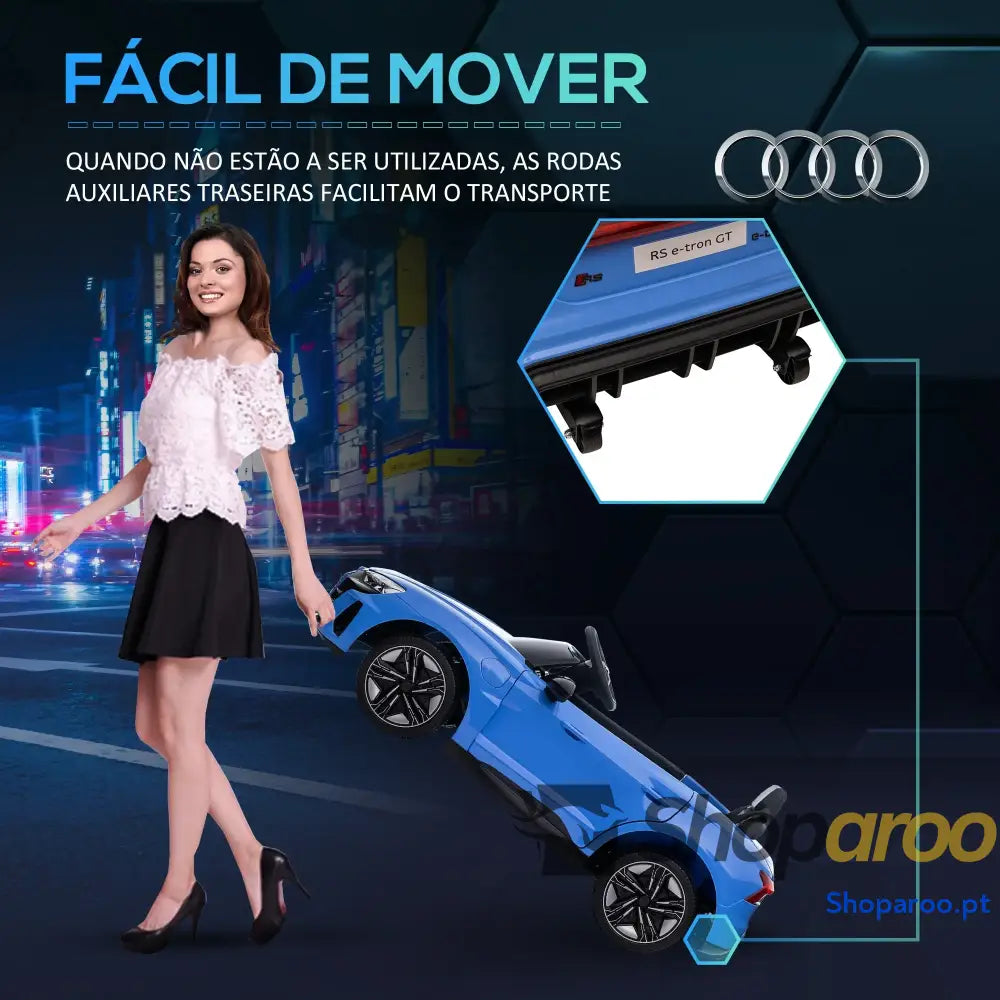 Carro Elétrico AUDI RS E-Tron GT 12V com 2 Motores Controlo Remoto Faróis LED Buzina Música USB 3-5km/h 103x58x41cm Azul
