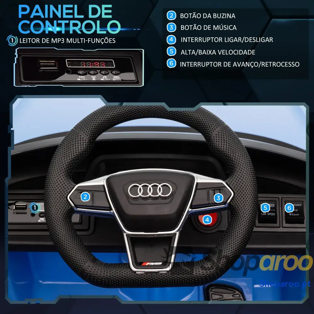 Carro Elétrico AUDI RS E-Tron GT 12V com 2 Motores Controlo Remoto Faróis LED Buzina Música USB 3-5km/h 103x58x41cm Azul