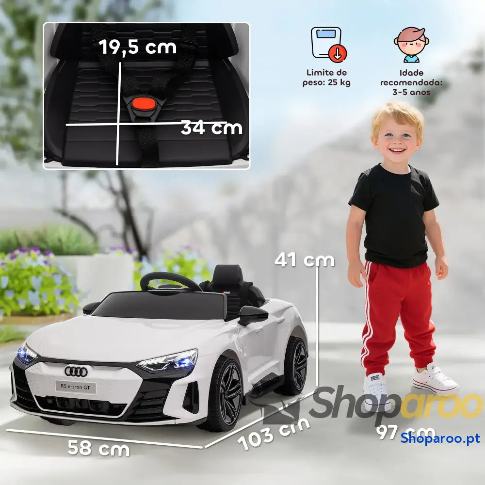 Carro Elétrico AUDI RS E-Tron GT 12V com 2 Motores Controlo Remoto Faróis LED Buzina Música USB 3-5km/h 103x58x41cm