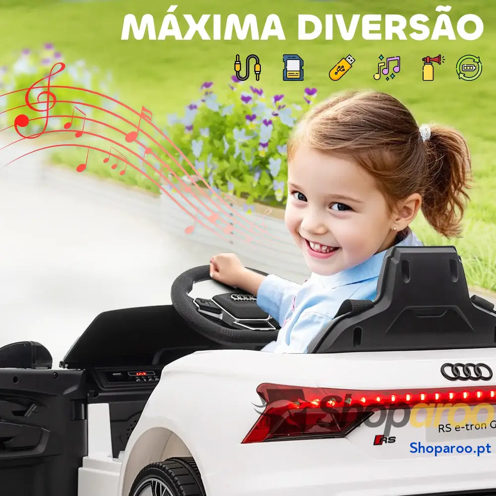 Carro Elétrico AUDI RS E-Tron GT 12V com 2 Motores Controlo Remoto Faróis LED Buzina Música USB 3-5km/h 103x58x41cm