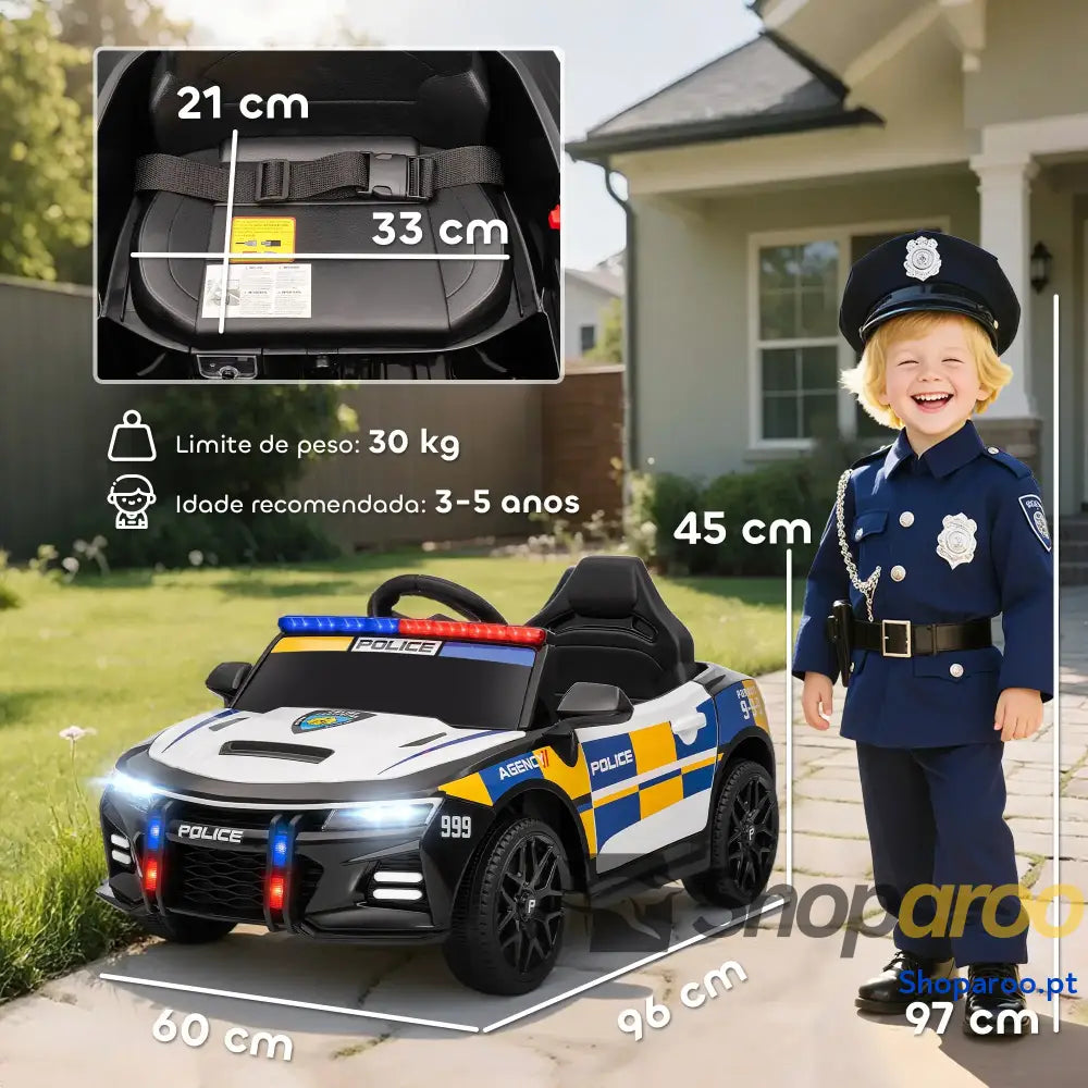 Carro Elétrico Infantil Modelo Policial 12V com Comando a Distância 2,4 Luzes Sirene Música USB e Suspensão 96x60x45 cm