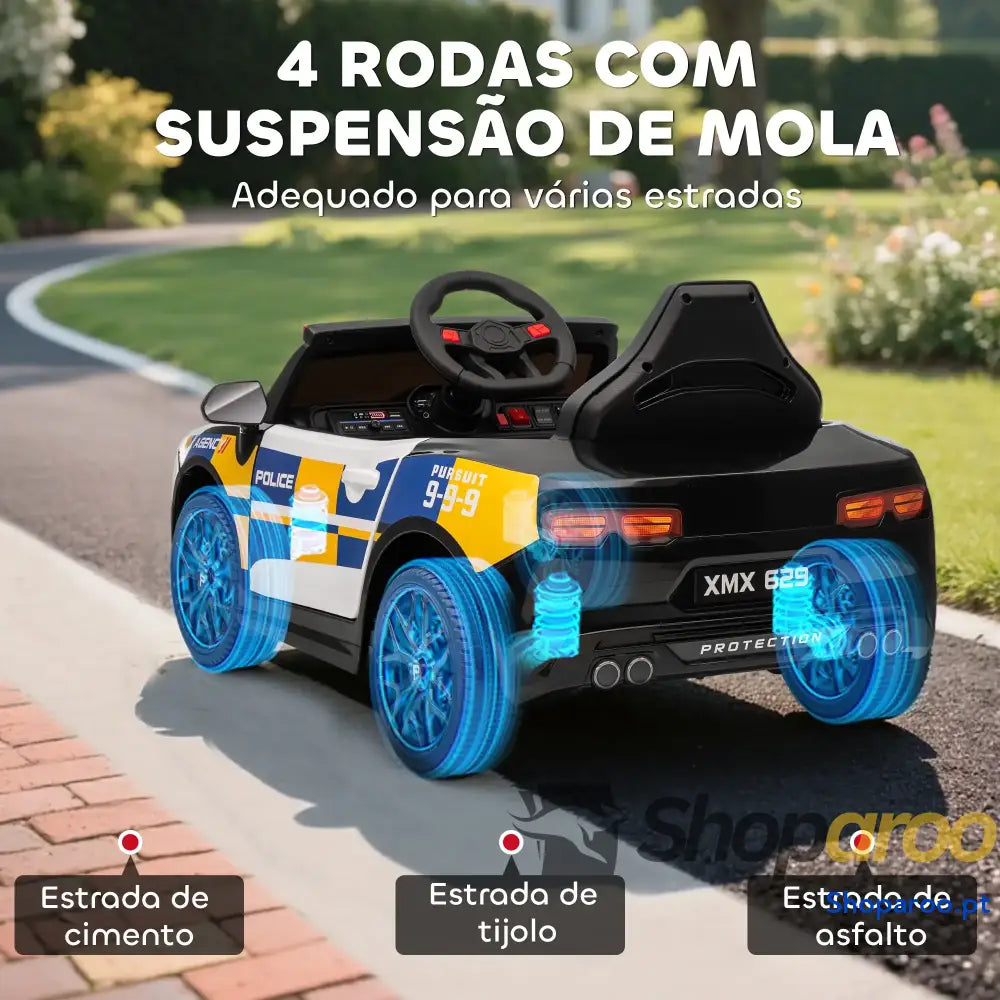 Carro Elétrico Infantil Modelo Policial 12V com Comando a Distância 2,4 Luzes Sirene Música USB e Suspensão 96x60x45 cm