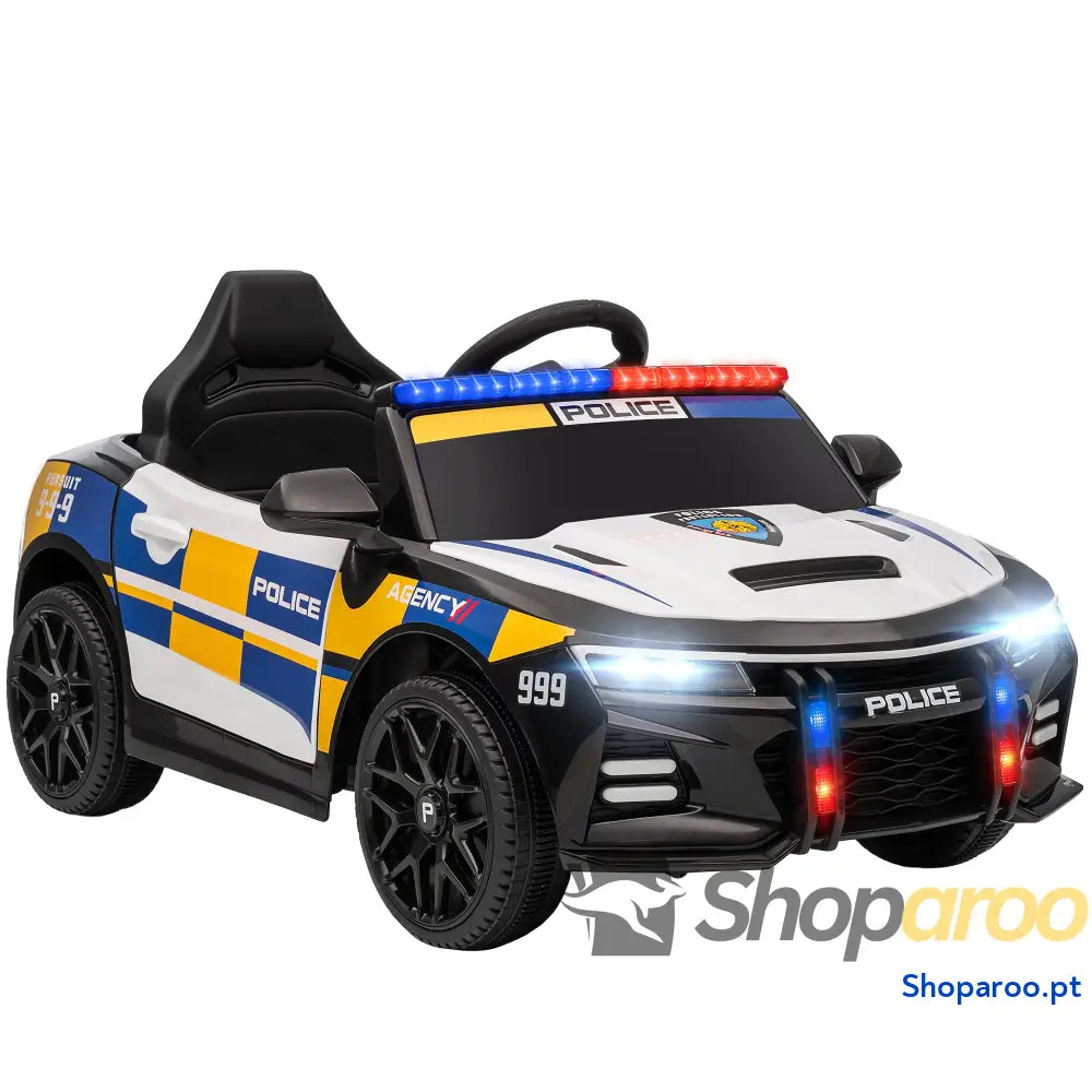 Carro Elétrico Infantil Modelo Policial 12V com Comando a Distância 2,4 Luzes Sirene Música USB e Suspensão 96x60x45 cm
