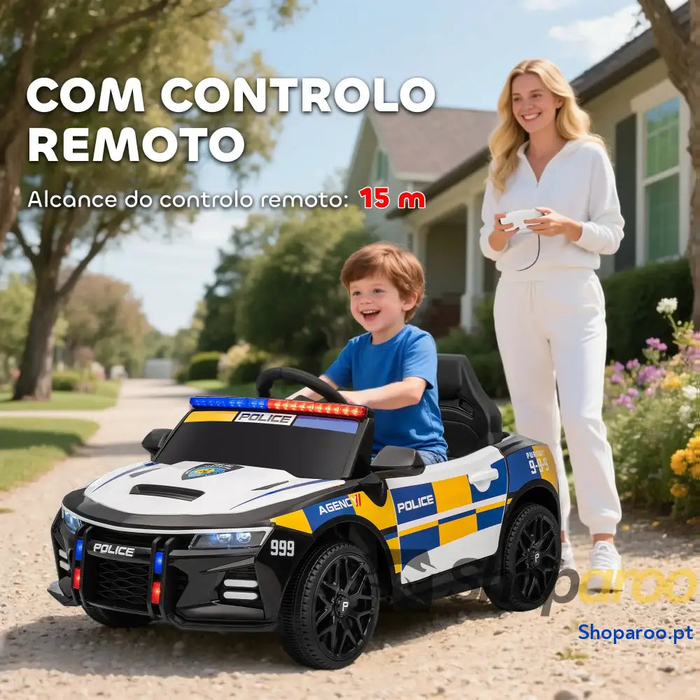 Carro Elétrico Infantil Modelo Policial 12V com Comando a Distância 2,4 Luzes Sirene Música USB e Suspensão 96x60x45 cm