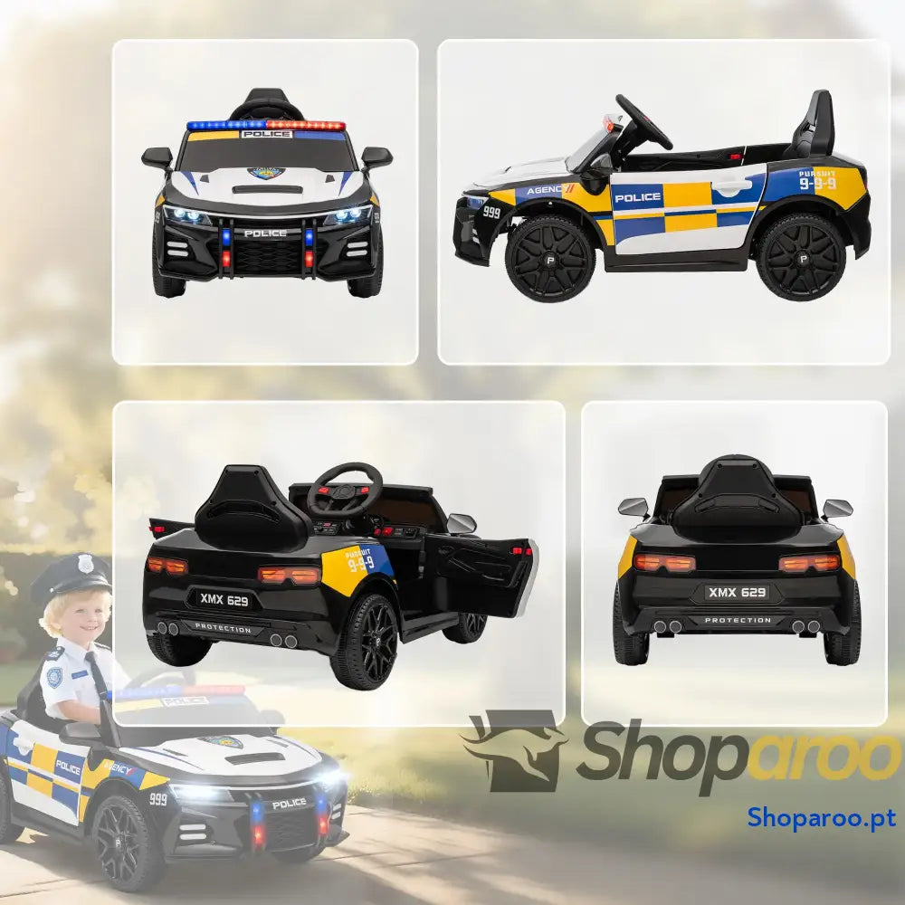 Carro Elétrico Infantil Modelo Policial 12V com Comando a Distância 2,4 Luzes Sirene Música USB e Suspensão 96x60x45 cm