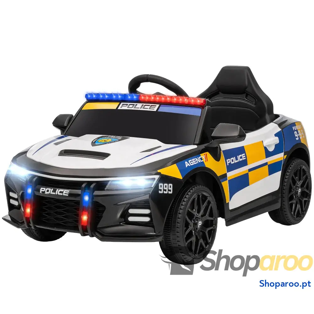Carro Elétrico Infantil Modelo Policial 12V com Comando a Distância 2,4 Luzes Sirene Música USB e Suspensão 96x60x45 cm