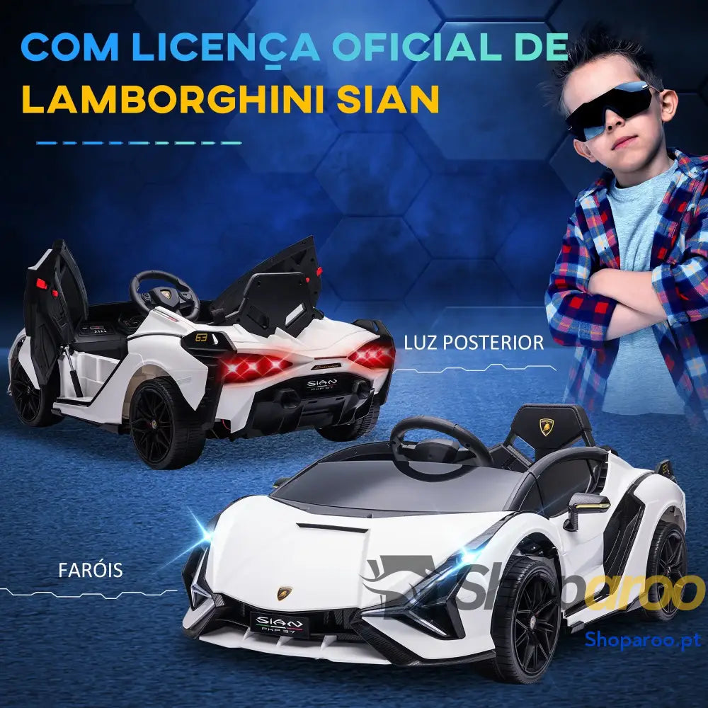 Carro Elétrico Lamborghini SIAN 12V com Controle Remoto Abertura da Porta Música MP3 USB e Faróis 108x62x40 cm Branco