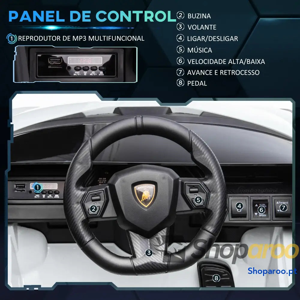 Carro Elétrico Lamborghini SIAN 12V com Controle Remoto Abertura da Porta Música MP3 USB e Faróis 108x62x40 cm Branco
