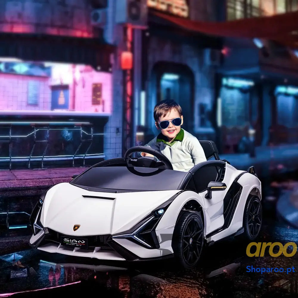 Carro Elétrico Lamborghini SIAN 12V com Controle Remoto Abertura da Porta Música MP3 USB e Faróis 108x62x40 cm Branco