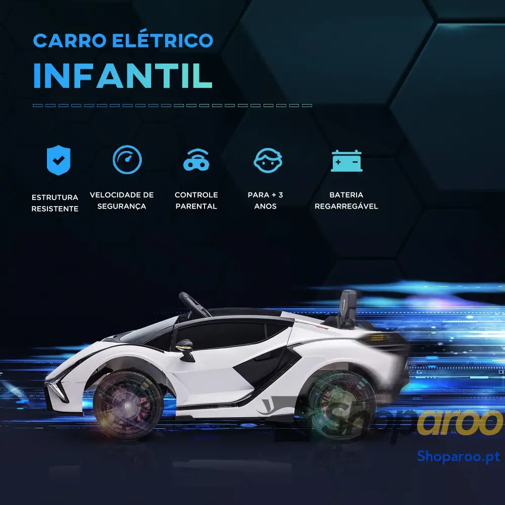 Carro Elétrico Lamborghini SIAN 12V com Controle Remoto Abertura da Porta Música MP3 USB e Faróis 108x62x40 cm Branco