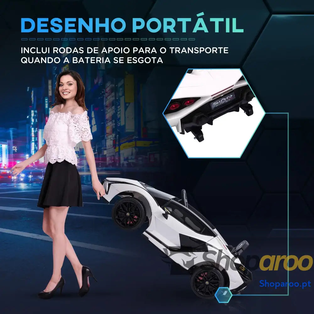 Carro Elétrico Lamborghini SIAN 12V com Controle Remoto Abertura da Porta Música MP3 USB e Faróis 108x62x40 cm Branco