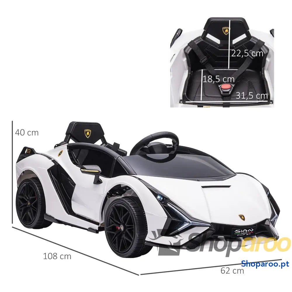 Carro Elétrico Lamborghini SIAN 12V com Controle Remoto Abertura da Porta Música MP3 USB e Faróis 108x62x40 cm Branco