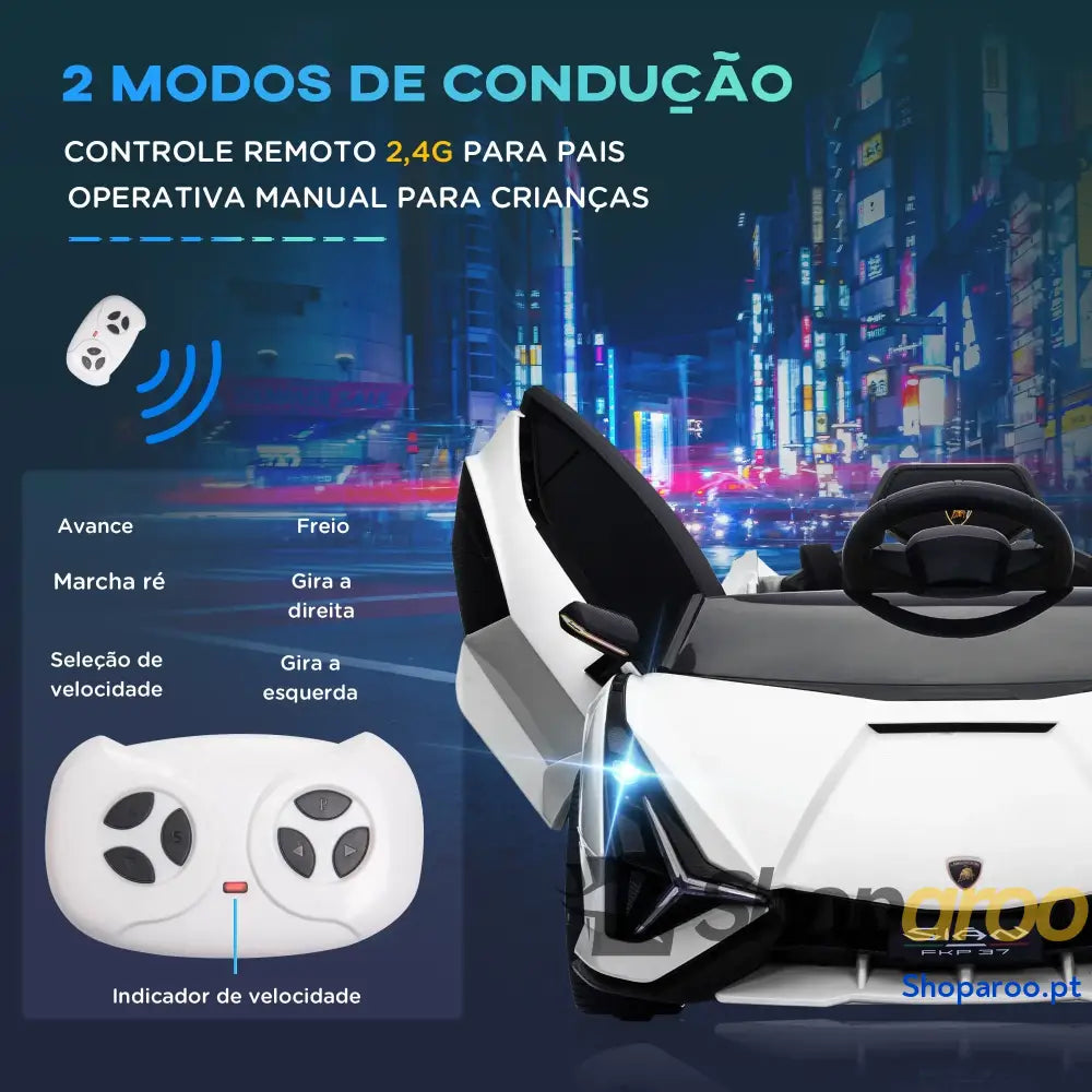 Carro Elétrico Lamborghini SIAN 12V com Controle Remoto Abertura da Porta Música MP3 USB e Faróis 108x62x40 cm Branco
