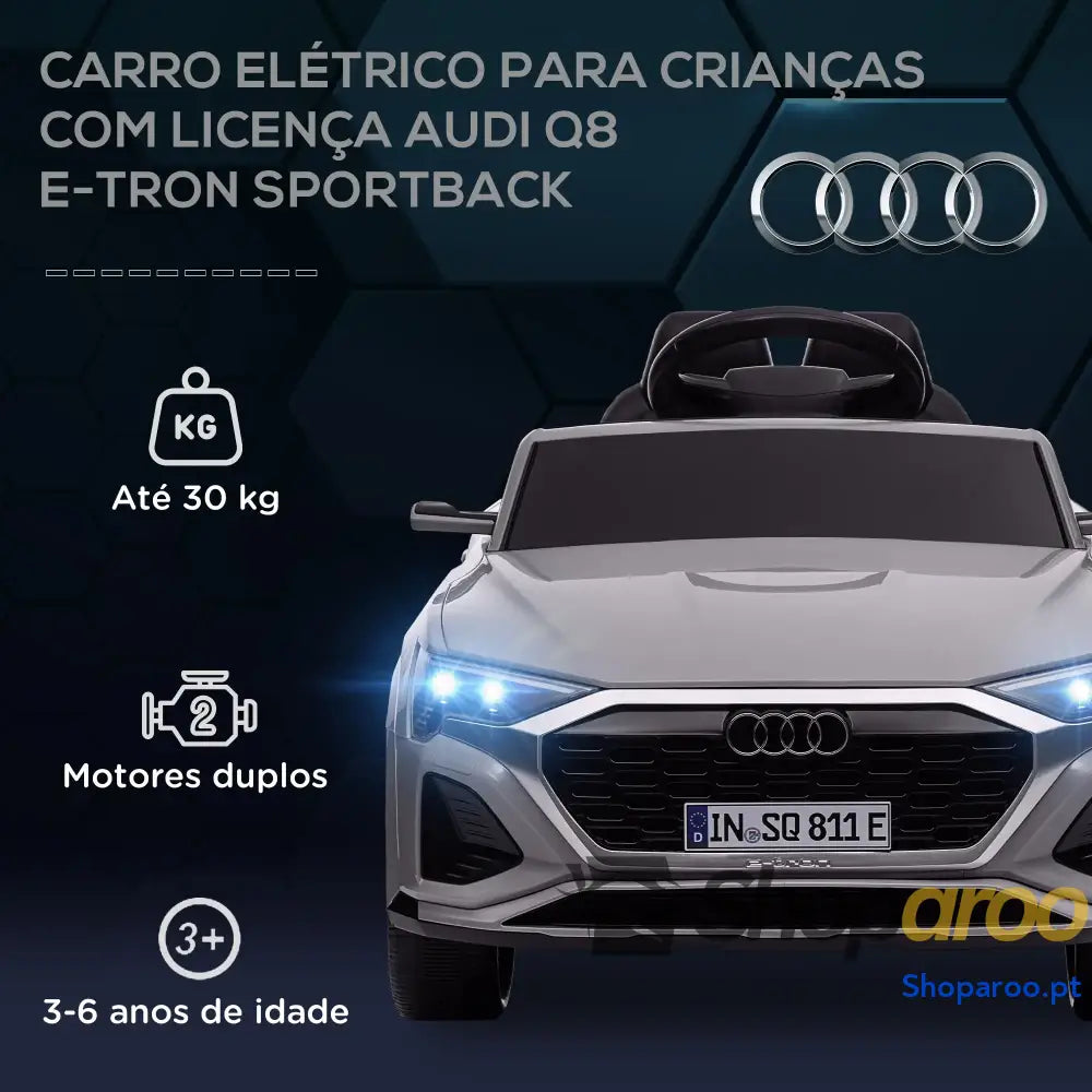 Carro Elétrico para Crianças Audi Q8 Etron Sportback Infantil 12V Faróis Buzina e Música 98x49,5x43 cm Cinza