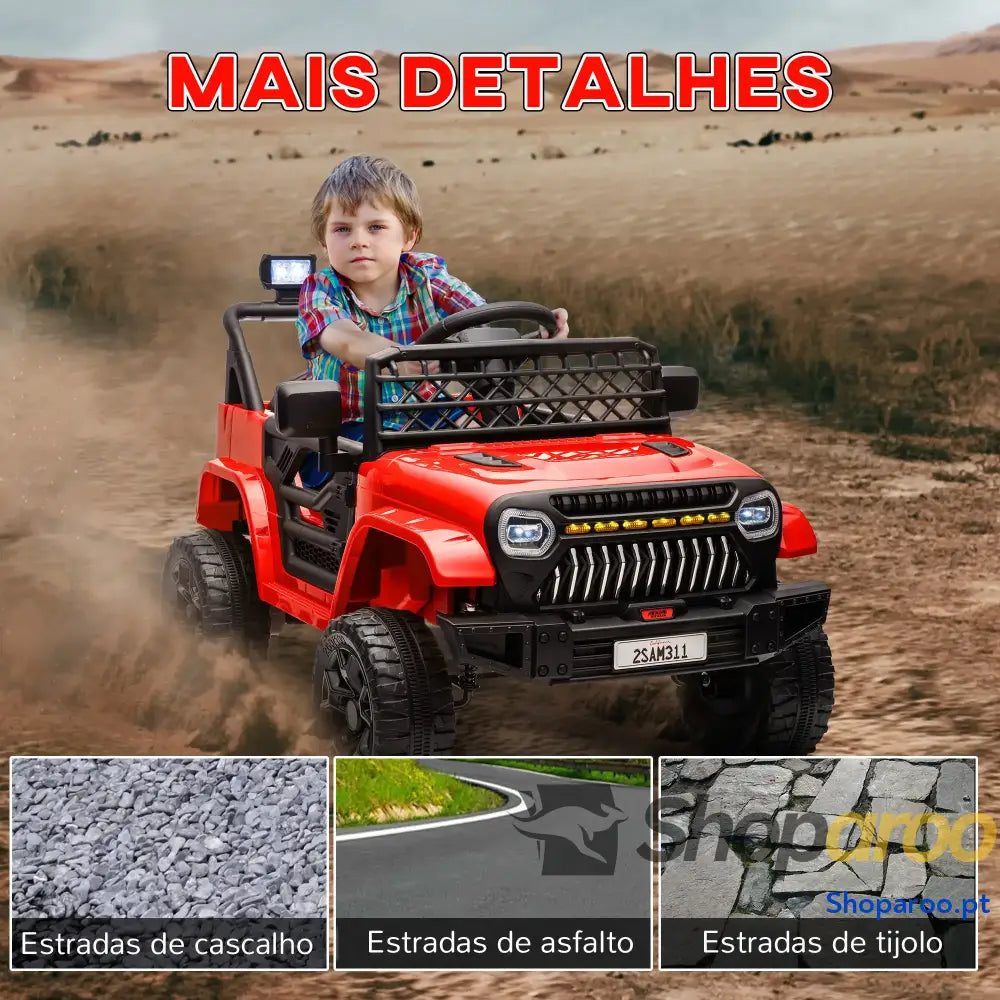 Carro Elétrico para Crianças Infantil UTV 12V com Velocidade Ajustável USB e Faróis 95x62,5x65 cm Vermelho