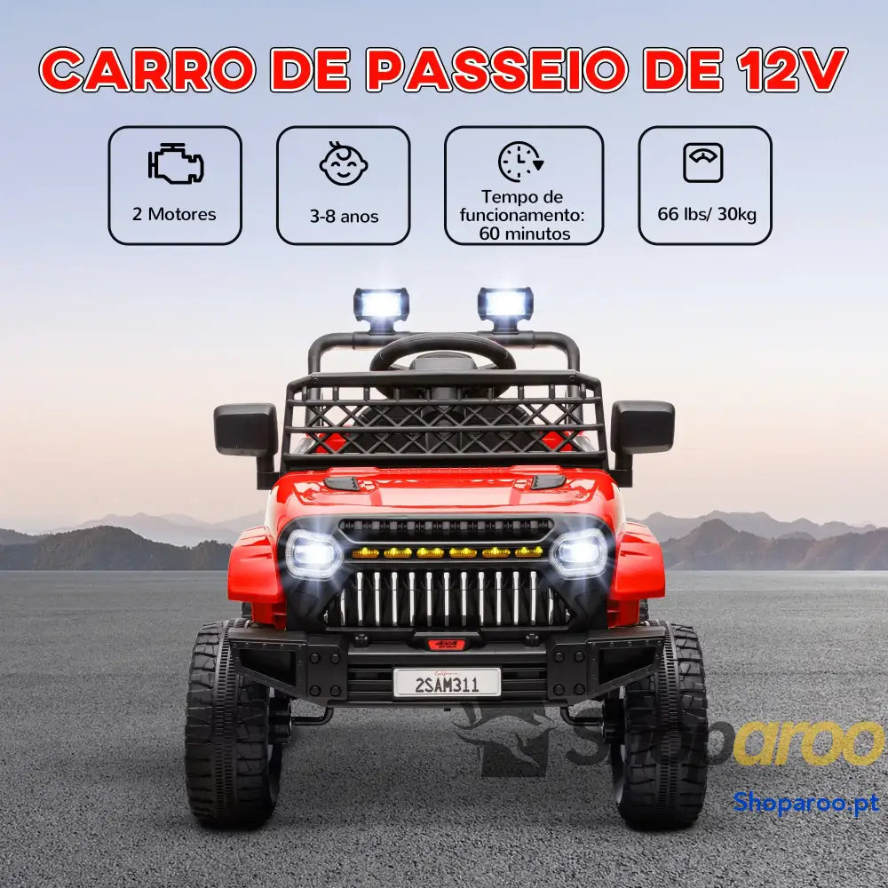 Carro Elétrico para Crianças Infantil UTV 12V com Velocidade Ajustável USB e Faróis 95x62,5x65 cm Vermelho