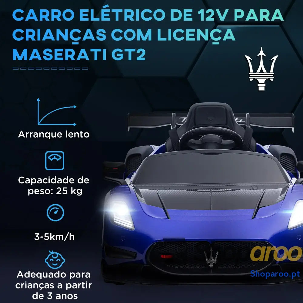 Carro Elétrico para Crianças Maserati GT2 12V com Controlo Remoto Faróis LED Buzina E Música 115x60x45 cm