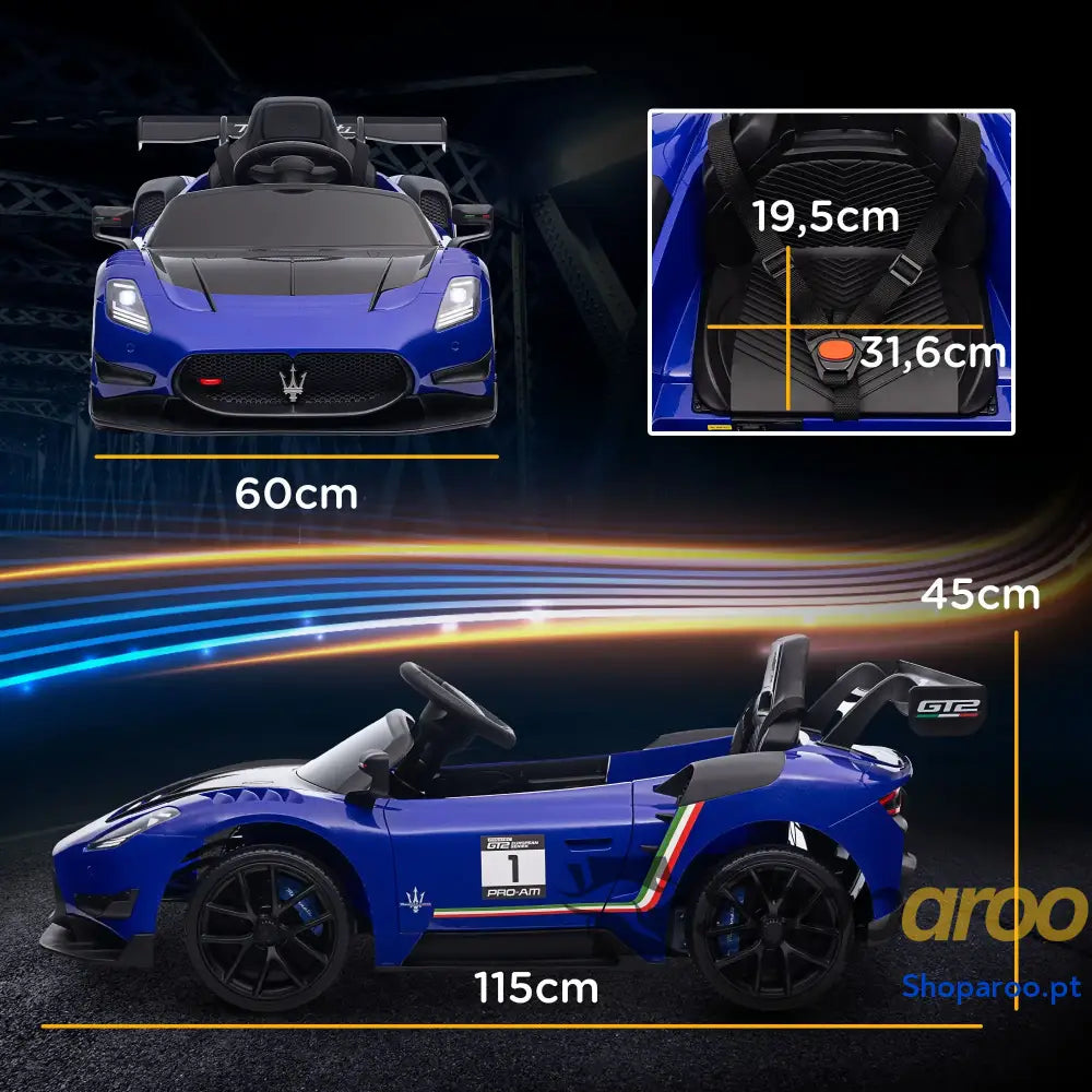 Carro Elétrico para Crianças Maserati GT2 12V com Controlo Remoto Faróis LED Buzina E Música 115x60x45 cm